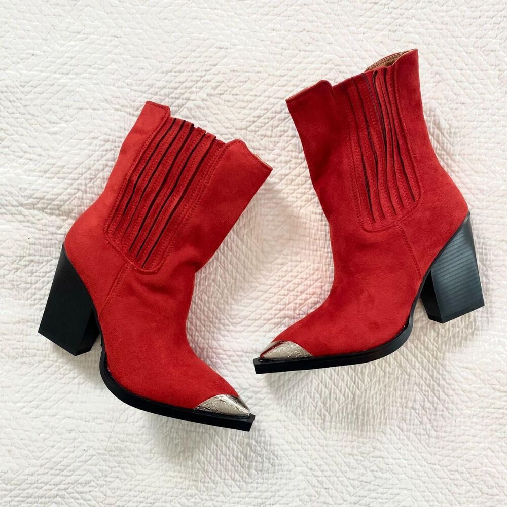 NEW Bright Red Faux Suede Western Cowgirl Silver Metal Snip Toe Cowboy Boots 7